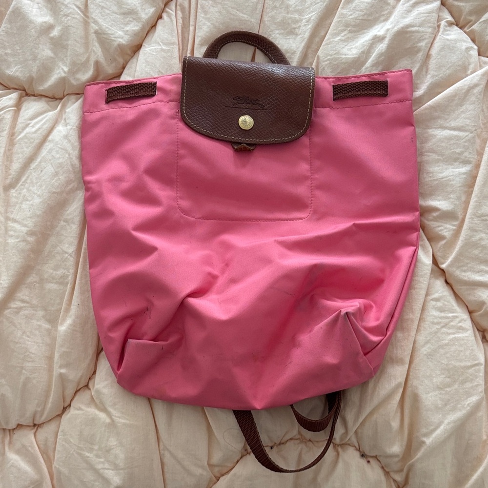 Longchamp Pink Nylon Backpack with Brown Leather Trim